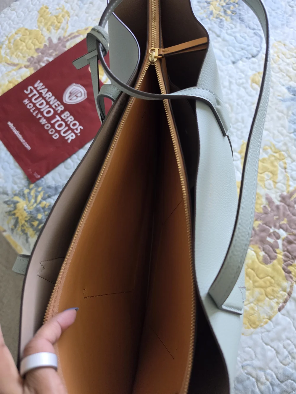 Tory Burch Perry Mint Green Leather Tote with Tan Interior and Gold Zipper